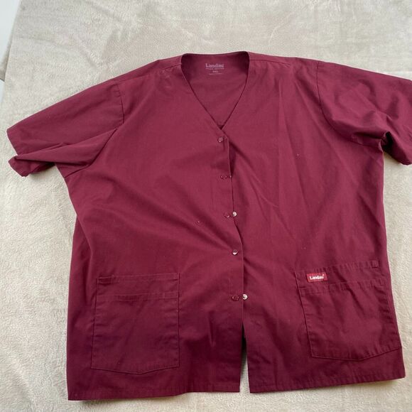 Landau Unisex Scrub Top 4XL Burgundy Button-Front With Pockets - Picture 2 of 9